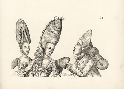 Karikatúra a 18. század végi divatról: magas parókás nő, keblén virágoskert, és makrancos nő magas parókában, hátul összefogott extravagáns hajtömeggel. Rézmetszet Timothy Bobbin szatirikus illusztrációja után (John alkotó: Unbekannter Künstler