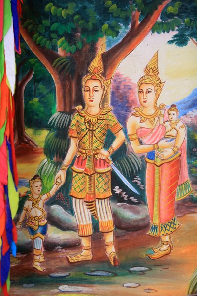 Mennyezeti alkotás, amely Buddha életét ábrázolja. Wat Si Sou Mang Karam templom. Vieng Vang. Laosz, 20151102, Vieng Vang, Laosz alkotó: Unbekannt