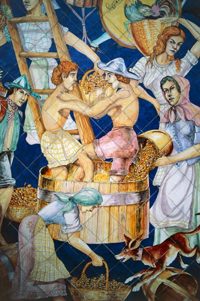 Betakarítást ábrázoló kerámia csempe panel, Vietri sul Mare, Campania, Olaszország, részlet alkotó: William M. Timlin