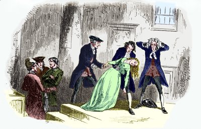 Charles Dickens „Két város meséje” : A felirat így szól: A mondat után. - Lucie Manette elájul. CD: angol regényíró, 1812. február 7., 1870. június 9. Illusztráció: George Cruikshank: angol karikaturista és könyvillusztrátor alkotó: Unbekannt