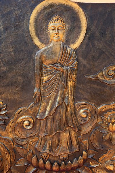 Chue Thien Lang Go buddhista pagoda. Shakyamuni Buddha. Varad Mudra: Gastre of Charity. Nem történik meg. Vietnam alkotó: Unbekannt