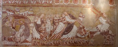 Templom (Église Saint-Martin). Belső. Falfestmények (freskó). A kórus északi fala. Részlet. Krisztus letartóztatása, lábmosás. 12. század. alkotó: Unbekannt