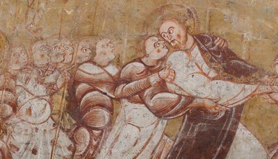 Templom (Église Saint-Martin). Belső. Falfestmények (freskó). A kórus északi fala. Részlet. Krisztus letartóztatása. 12. század. alkotó: Unbekannt