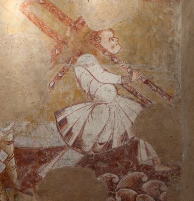 Templom (Église Saint-Martin). Belső. Falfestmények (freskó). A kórus északi fala. Részlet. Cirénei Simon a keresztet hordozó. 12. század. alkotó: Unbekannt