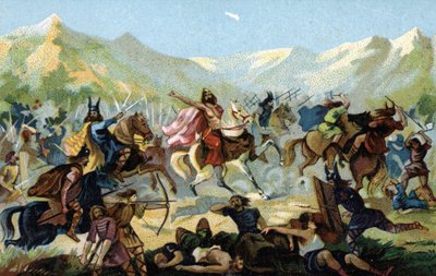 I. Klodvig (466-511), a frankok királya a 496-os tolbiai csatában, az alamannok germán törzse ellen vívott csatában megfogadta, hogy győzelme esetén áttér. A 19. század vége (kromolitográfia) alkotó: Unbekannter Künstler