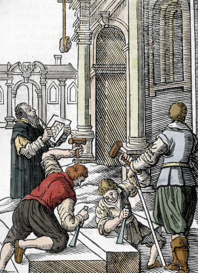 Székesegyház építése, kőfaragók a XIII. XIV. században (metszet) alkotó: Unbekannter Künstler