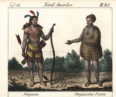 A virginiai Powhatan indiánok (USA) jelmeze: egy harcos és egy Secota pap. Litográfia a könyvhöz: Friedrich Wilhelm Goedsche (1785-1863) "Galerie complete en tableaux fideles des peuples d