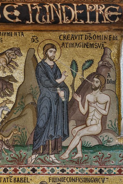 Mozaikciklus az Ószövetségről, Teremtés ciklusa: "Ádám teremtése", XII. század, A nádori kápolna, a királyi palota vagy a Palazzo dei Normanni (Normannok palotája), Palermo, Szicília, Olaszország (fotó) alkotó: Unbekannter Künstler