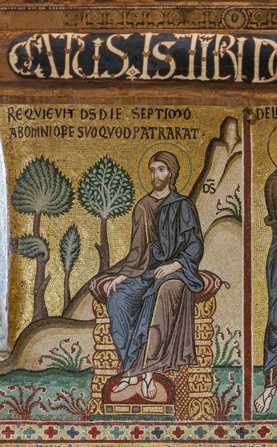 Mozaikciklus az Ószövetségről, Teremtés ciklusa: "A Teremtő nyugodalma a hetedik napon", XII. század, A Nádor-kápolna, Királyi Palota vagy Palazzo dei Normanni (Normannok palotája), Palermo, Szicília, Olaszország ( fénykép) alkotó: Unbekannter Künstler