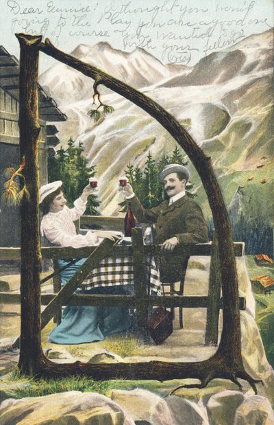 D: Egy férfi és egy nő ül egy asztalnál egy hegyi faház előtt, poharakat koccint, kezükben egy pohár bor – Ábécé karakterei Ref Th. E., L. Theochrom – 994. sorozat. Theodor Eisman, kiadó, Lipcse alkotó: Unbekannt