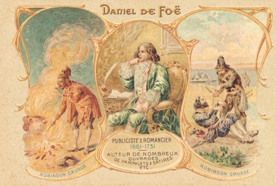 Daniel Defoe at his writing desk and his famous work (print) alkotó: Unbekannter Künstler