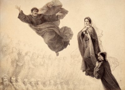 Dante és Beatrice találkozik Szent Péterrel. Dante Alighieri Isteni komédiájának Paradiso XXIV. énekének illusztrációja. Francesco Scaramuzza műve, amelyet a firenzei önkormányzatnak szentelt. alkotó: Unbekannter Künstler
