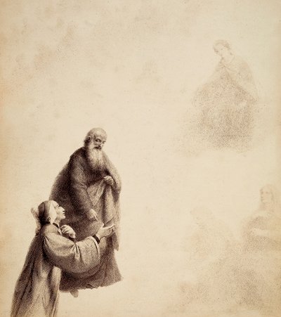 Dante, Szent Bernát segítségével, látja Beatricét egy trónon ülni az áldottak között, fényfüzérben. Illusztráció Dante Alighieri Isteni komédiája Paradiso című művének XXXI. énekéhez. Francesco Scaramuzza műve, amelyet a firenzei önkormányzatnak szentelt. alkotó: Unbekannter Künstler