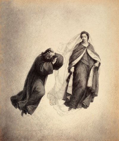 Dante kezeivel eltakarja arcát, elborul Beatrice isteni szeretettel teli tekintetétől. Illusztráció Dante Alighieri Isteni komédiája Paradiso című művének IV. énekéhez. Franceso Scaramuzza műve, amelyet a firenzei önkormányzatnak szentelt. alkotó: Unbekannter Künstler