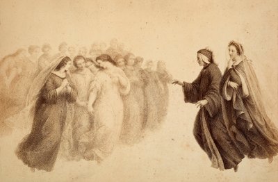 Dante Beatrice és az áldott szellemek társaságában. Illusztráció Dante Alighieri Az isteni komédia Paradiso című művének XXXIII. énekéhez. Francesco Scaramuzza műve, amelyet a firenzei önkormányzatnak szentelt. alkotó: Unbekannter Künstler