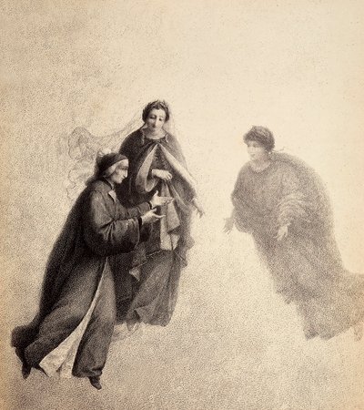 Dante, Beatrice ösztönzésére, jámbor lélekkel szólal meg. Illusztráció Dante Alighieri Isteni komédiája Paradiso című művének V. énekéhez. Franceso Scaramuzza műve, amelyet a firenzei önkormányzatnak szentelt. alkotó: Unbekannter Künstler