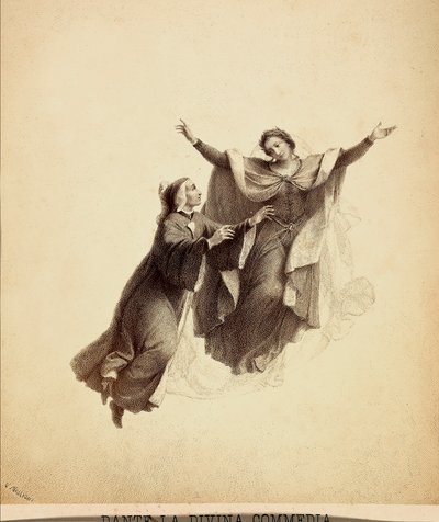 Dante tárt karokkal, Beatrice vezette menekülésben a Paradicsom égboltján át. Dante Alighieri Isteni komédiája Paradiso I. énekének illusztrációja. Franceso Scaramuzza műve, amelyet a firenzei önkormányzatnak szentelt. alkotó: Unbekannter Künstler