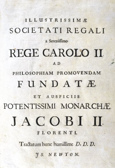 Newton „Principia Mathematica” című művének dedikációs oldala alkotó: Unbekannt