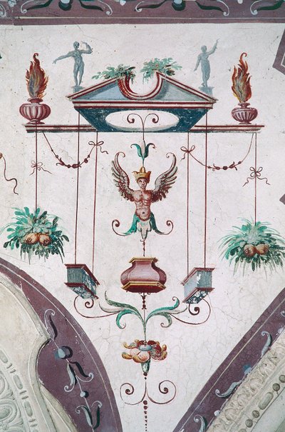 Részlet a Groteszkek mennyezetének terméről (16. század), Della Manta kastély, Manta (Cuneo), Piemont, Olaszország alkotó: Benjamin Baud