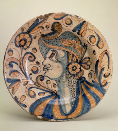 Tányér, fej-váll portréval, Talavera, 16. század vége (maiolica) alkotó: Unbekannt