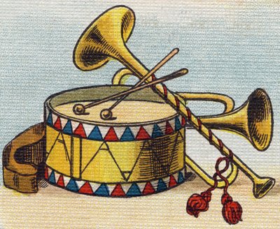 Dob és trombita. Metszet "Alphabet de ma petite fille". Bernardin-Bechet és Fils, könyvkereskedő-kiadók, Párizs, 1895 körül. Törhetetlen album vásznon. Bibliotheque des Bebes. 12 oldal. Olvasási módszert és szemléltető abecedát tartalmazó album alkotó: Unbekannt