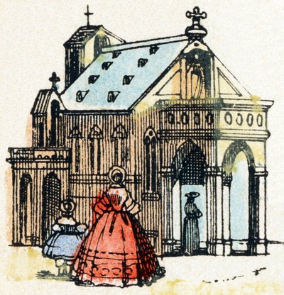 E - Eglise - Alphabet - gyerekszórakozás - Kép epinal, népszerű sorozat 1890 körül (illusztráció) alkotó: Unbekannt