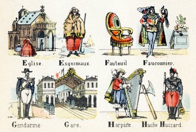 E Eszkimó templom - F solymász fotel - G állomás rendőr - H huszár fejsze hárfa - Ábécé - gyerekszórakozás - Képes epinál, népszerű sorozat 1890 körül (illusztráció) alkotó: Unbekannt