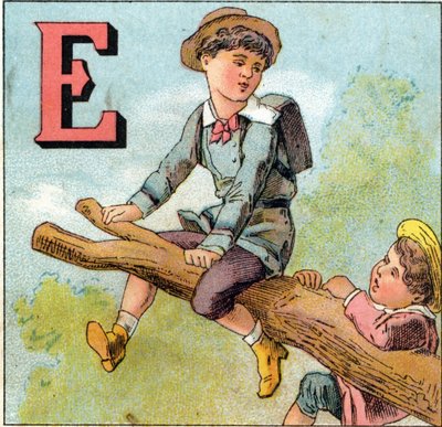 E betűk: fiú egyensúlyban egy faágon. Metszet „Alphabet des petits ecoliers” felirattal. Az Epinal képalkotása, 1885 körül. Privee Collection alkotó: Unbekannt