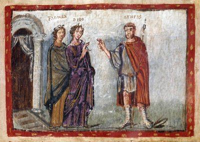 Vergilius Aeneisének (Kr. e. 70-19) epizódja: Aeneas és Dido ábrázolása. Dido megpróbálja visszatartani Aeneast. A kétségbeesésbe esett Dido öngyilkos lesz. Miniatúra a "Codex Vaticanus Latinus 3225 vagy Vergilius Vaticanus" 36. fóliójából. 5. század. Bibl alkotó: Unbekannter Künstler