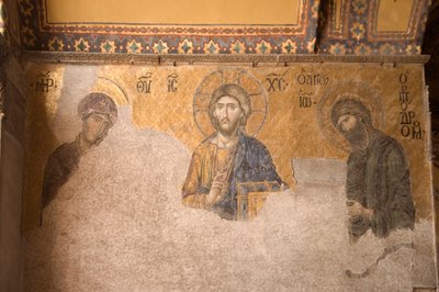 Európa-Ázsia, Törökország, Isztambul, Aya Sofya Múzeum (i.sz. 537, korábban mecset és templom), mozaiktábla Krisztussal, Máriával és Keresztelő Jánossal alkotó: Unbekannt
