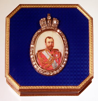 Faberge kék zománcdoboz, II. Miklós cár arcképével alkotó: Unbekannt