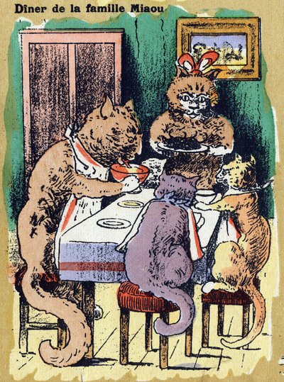 Családi vacsora miau. Illusztrált ábécé. A képek a 20. század elején Jarville-Nancyben újra egyesültek. Mérete: 40x29 cm. Litográfia bisztre alapon alkotó: Unbekannt