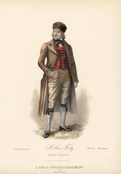Elzászi jelmez az Ami Fritz (Fritz Kobus karaktere Erckmann-Chatrian regényéből) számára. Lovaskabát, kasmír mellény, bugyi és szőrmés sipka. Kézzel készített litográfia Leon Sault tervei alapján a "L