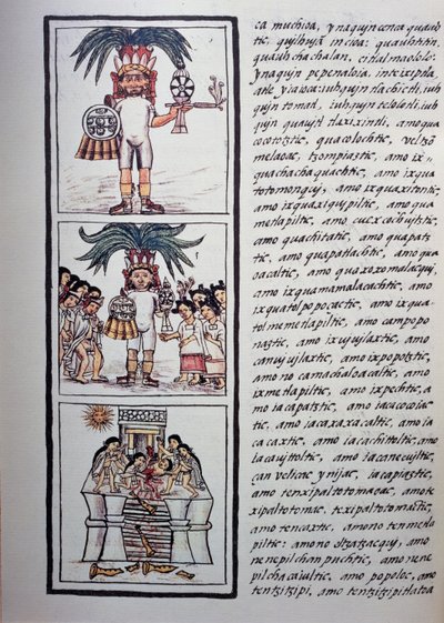 Toxcatl és áldozata ünnepe, Firenzei kódex II. könyve, kétnyelvű változat spanyol és nahuatl nyelven, Új Spanyolország dolgainak általános története (Historia general de las cosas de Nueva Espana), azték civilizáció alkotó: Benjamin Baud