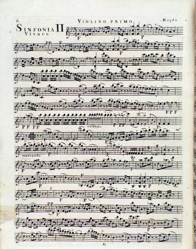 J Haydn 2. szimfóniájában hegedűre írt kotta első oldala alkotó: Unbekannter Künstler
