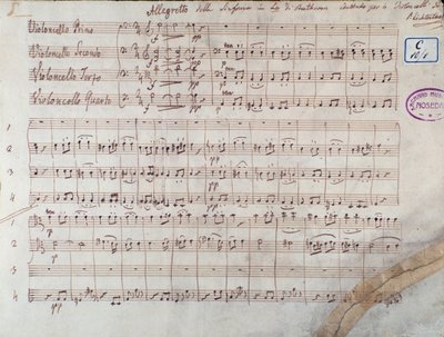 Symphony n. négy cselló partitúrájának első oldala. 7 hu A-dúr, op. 92, Ludwig van Beethoven alkotó: Unbekannter Künstler