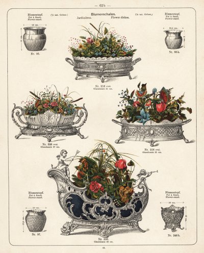 Virágtartók, virágtartók, virágtálak, vázák és kerti tálak. Litográfia a Württemberg Metalware Factory, Geislingen, Németország által gyártott fémtermékek katalógusából. alkotó: Unbekannter Künstler