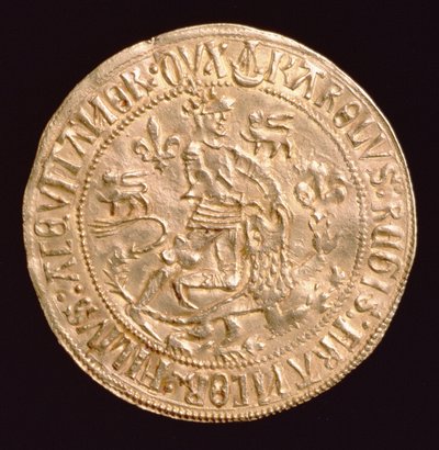 Francia Károly, Aquitánia hercegének (1433-77) Or-erődje (előlapja), amelyen az oroszlánnal birkózó herceg látható, Bordeaux-ban ütve alkotó: Unbekannt
