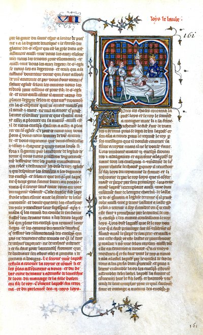 Stammer Lajos francia király (846-879) találkozása VIII. János pápával 877-es koronázása alkalmából, illumináció a "Grandes Chroniques de France de CharlesV" című könyvből, 1375-1380 körül. alkotó: Unbekannter Künstler