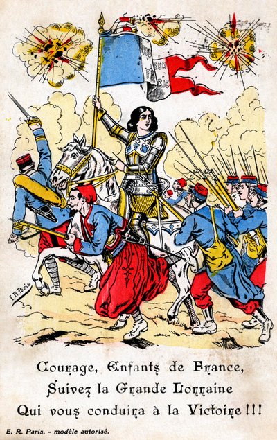 Francia képeslap, amelyen Joan of Arc francia katonákat vezet a háborúba alkotó: Unbekannt