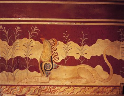 Freskó a falon, Trónterem, Minos palota, Knósszosz, Kréta, Görögország alkotó: Benjamin Baud