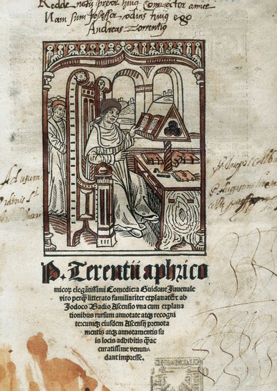 Terence komikus költő (Publius Terentius Aferer) (Kr. e. 190-145) vígjátékainak frontképe. A szerző képviselve van. alkotó: Unbekannt