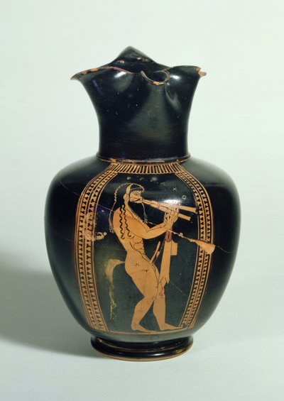 GR.126-1864 Oinochoe, kettős furulyán játszó szatírral díszítve, attikai vörös figura, Athén, Görög, Kr.e. 520 (agyag) alkotó: Unbekannt