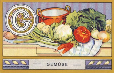 G: Gemuse - Alphabet Palmin. Kromolitográfiák sorozata, szerkesztette: H. Schlinck & Cie, Hamburg, p. d. . Palmin feinstes Cocosfett reklámja. Méretek: 7 x 11 cm alkotó: William M. Timlin