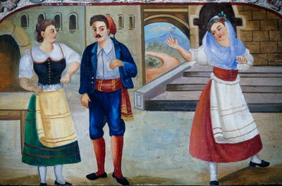 Galáns jelenet kosztümös szereplőkkel, fatábla festmény, szicíliai kézművesség, Szicília, Olaszország, Részlet alkotó: William M. Timlin