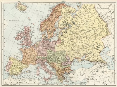 Európa földrajzi térképe az 1870-es években. 19. századi színes litográfia alkotó: Unbekannter Künstler