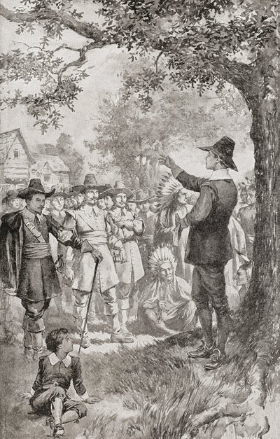 George Fox 1671-ben az amerikai Marylandben prédikál a tömegnek a helyi kvékerek négynapos gyűlésén. George Fox alkotó: Unbekannter Künstler