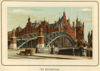 Németország, Hamburg, a "Brooksbruecke" (Brooks-híd) és a háttérben a "Speicherstadt" nevű kikötő raktárai, 1890 körül (litográfia) alkotó: Unbekannter Künstler
