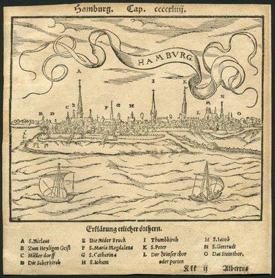 Németország, Hamburg, kilátás a városra, előtérben az Elba folyó, illusztráció Sebastian Münster (Münster) Cosmographia című művéből, 1570 körül (metszet). alkotó: Unbekannter Künstler