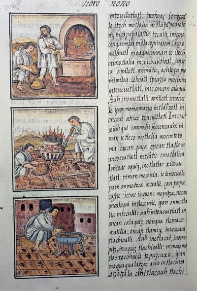A spanyolok aranytermelése, oldal a firenzei kódexből, kétnyelvű változat spanyol és nahuatl nyelven, Az új Spanyolország dolgainak általános története, Fray Bernardino de Sahagun spanyol misszionárius. Azték civilizáció alkotó: William M. Timlin